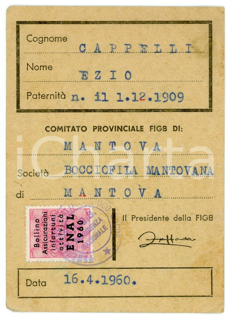 Oggetto da collezione cartaceo 1960 MANTOVA Bocciofila Mantovana - Tessera FIGB di Ezio CAPPELLI 1