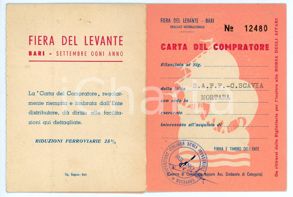 Oggetto da collezione cartaceo 1950 ca FIERA DEL LEVANTE Carta compratore per Ditta SAFF C. Scavia di MORTARA 1