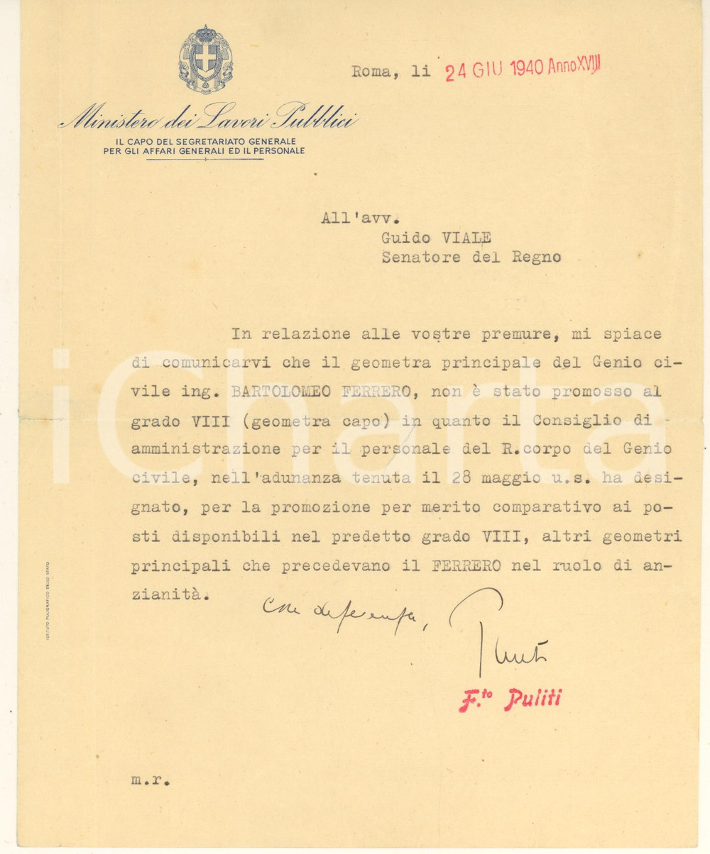 Autografo originale 1940 ROMA Ministero Lavori Pubblici - Lettera Ugo PULITI  *Autografo 1