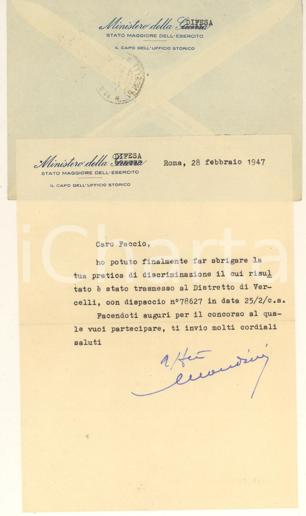 Autografo originale 1947 ROMA Ministero della Difesa - Luigi MONDINI Capo Ufficio Storico *Autografo 1