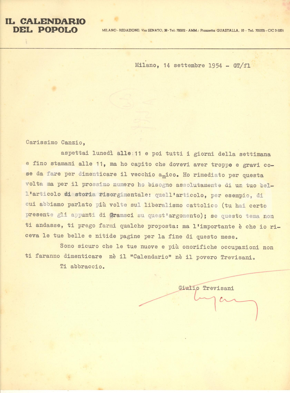 Autografo originale 1954 MILANO Il Calendario del Popolo - Lettera Giulio TREVISANI *Autografo 1