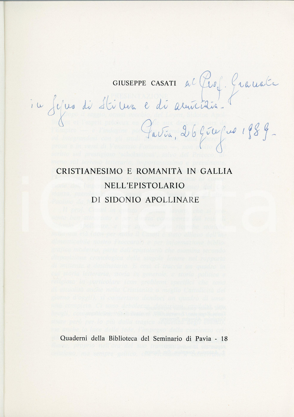 Libro, pubblicazione d'epoca 1980 Giuseppe CASATI Epistolario di Sidonio Apollinare - Con dedica autografa 1