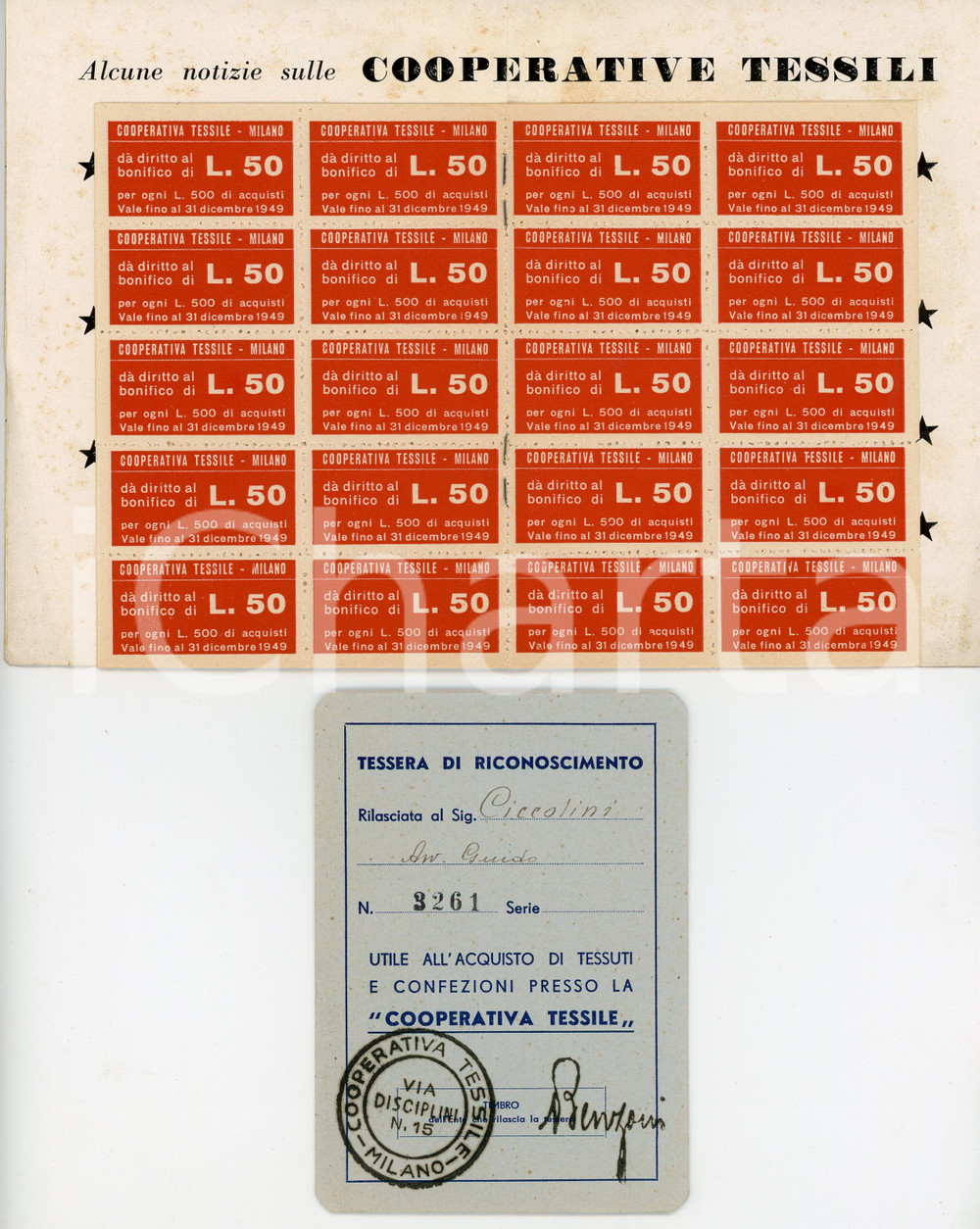 Libro, pubblicazione d'epoca 1948 MILANO Cooperativa tessile - Avv. Guido CICCOLINI Tessera e 90 tagliandi 1