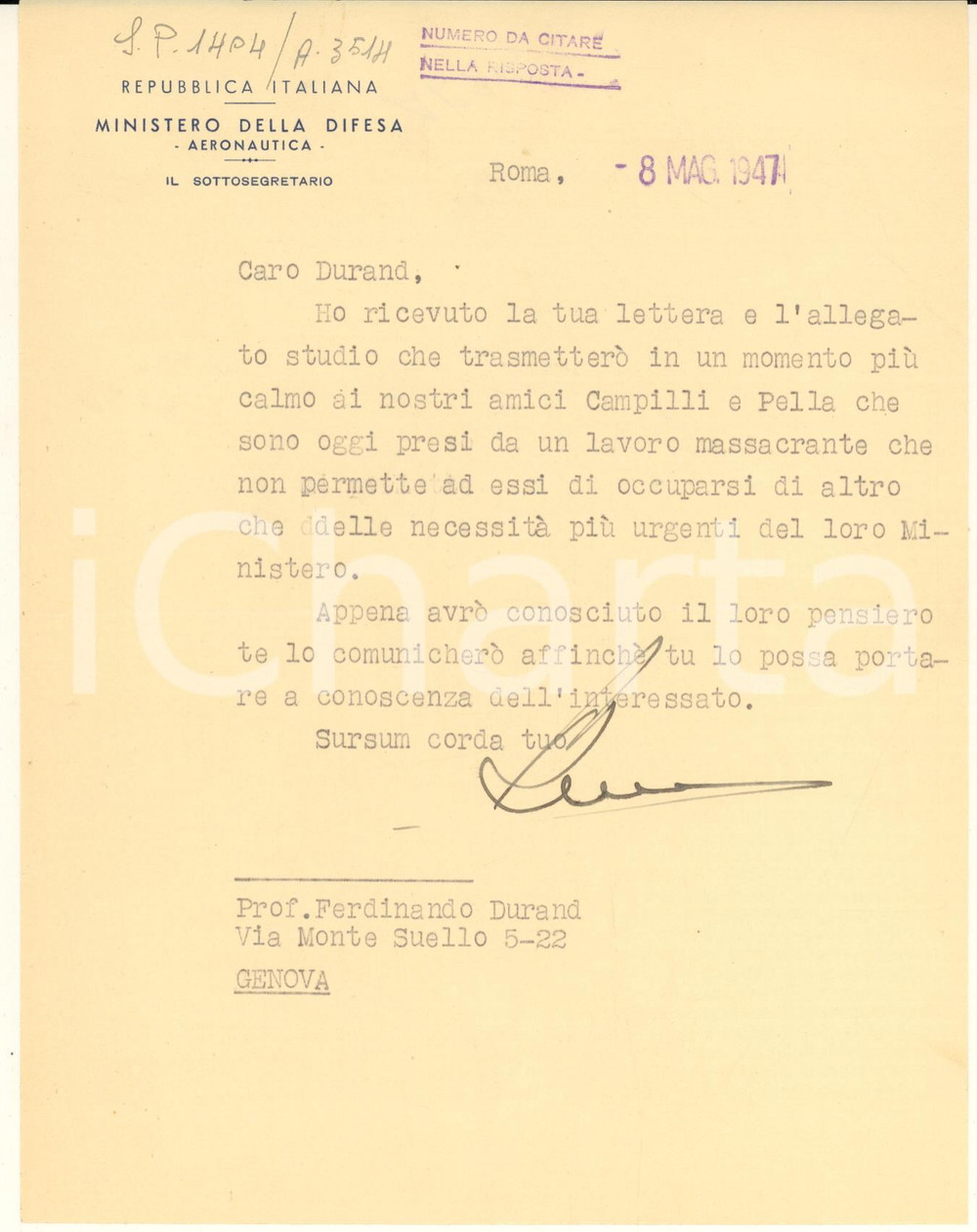 Autografo originale 1947 ROMA Ministero della Difesa - Aeronautica - Giosuè FIORENTINO ? *Autografo 1