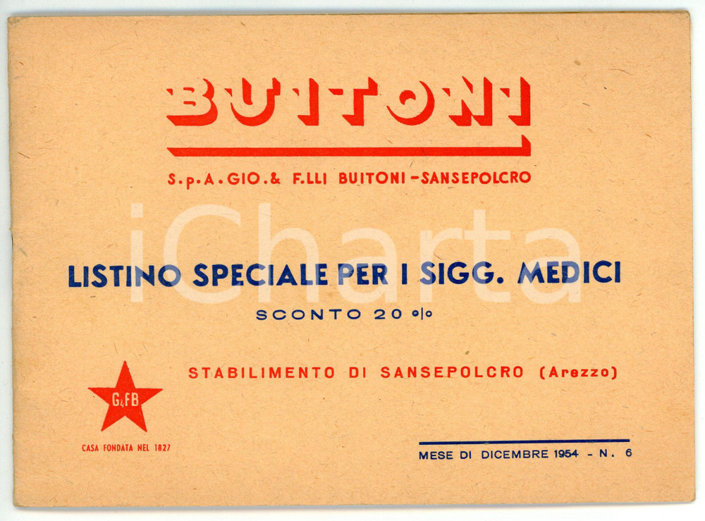 Materiale pubblicitario d’epoca 1954 SANSEPOLCRO - BUITONI Listino speciale per i medici 17x12 cm 1