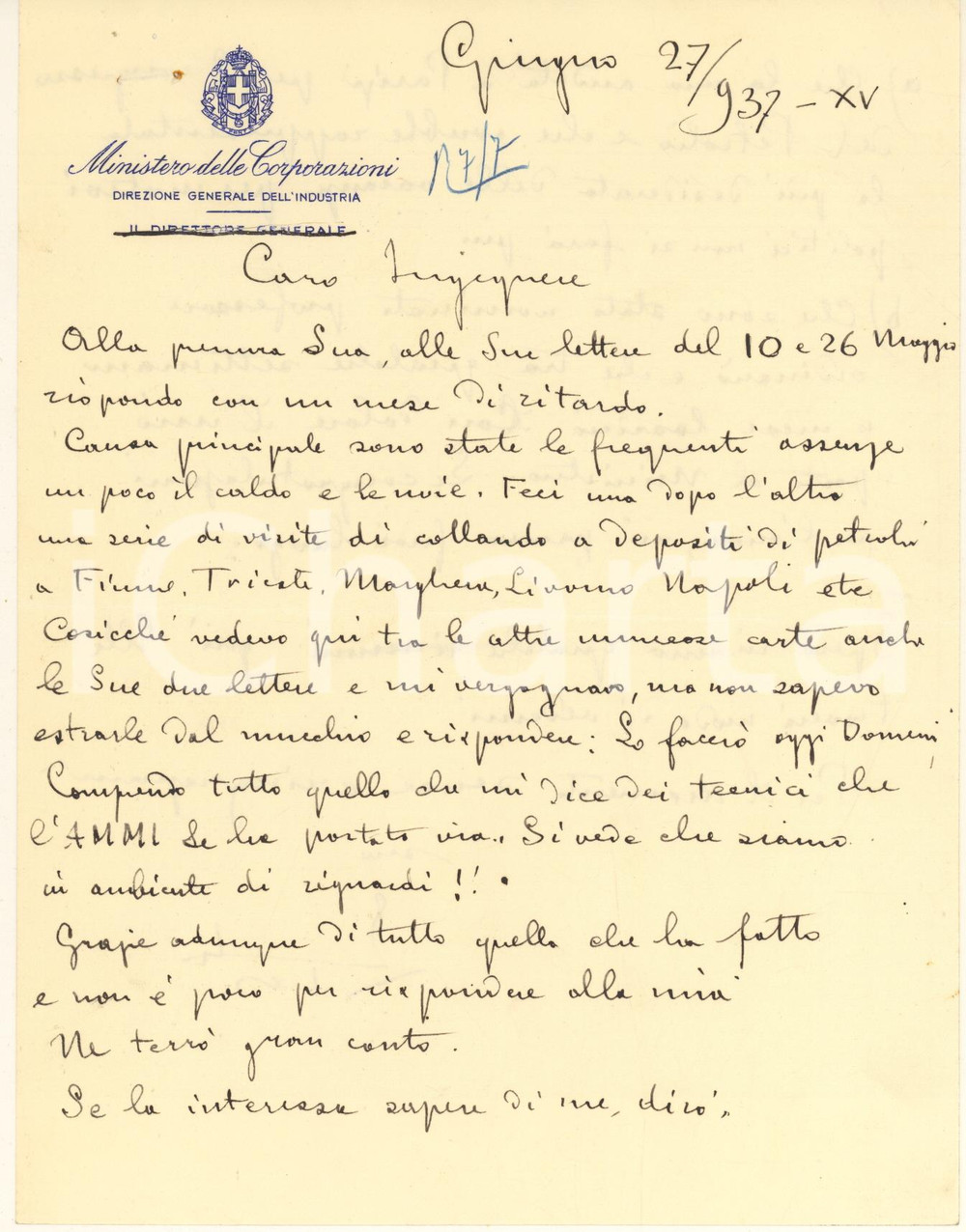 Autografo originale 1937 ROMA Ministero delle Corporazioni  Industria  Ernesto SANTORO ? Autografo 1