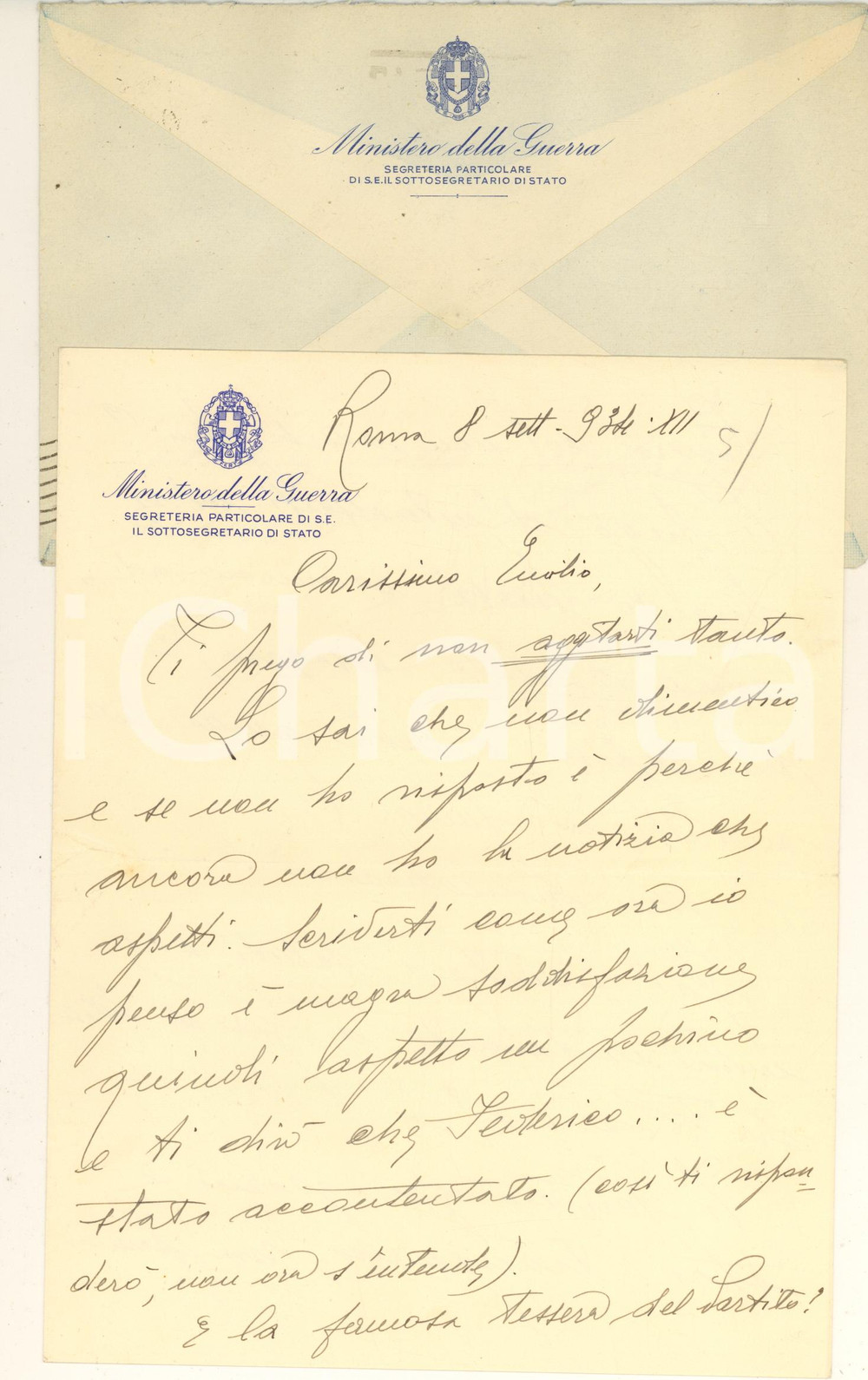 Autografo originale 1934 ROMA Ministero della Guerra  Lettera segreteria particolare Autografo 1