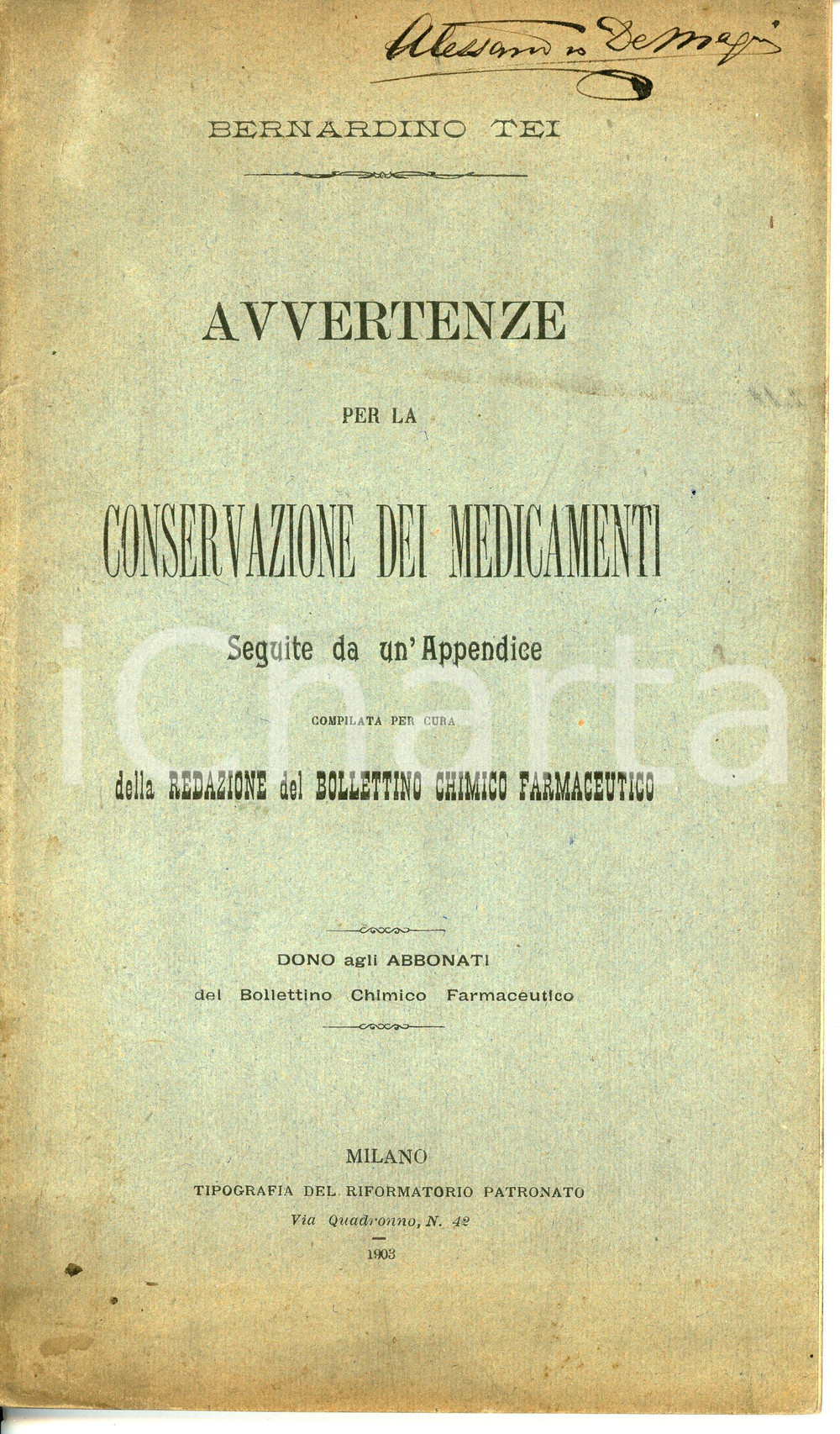 Libro, pubblicazione d'epoca 1902 Bernardino TEI Avvertenze per conservazione dei medicamenti - Pubblicazione 1