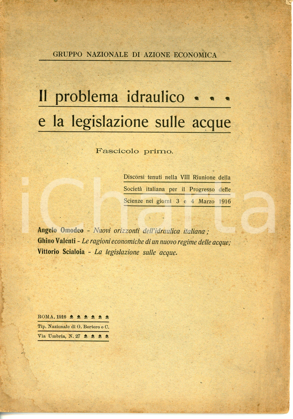 Libro, pubblicazione d'epoca 1916 AZIONE ECONOMICA Problema idraulico e legislazione sulle acque *Fascicolo 1 1