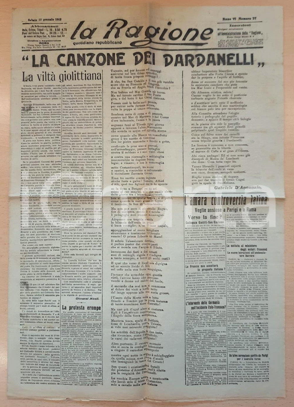 Giornale, rivista storica Gennaio 1912 LA RAGIONE La canzone dei Dardanelli - Viltà giolittiana *Giornale 1
