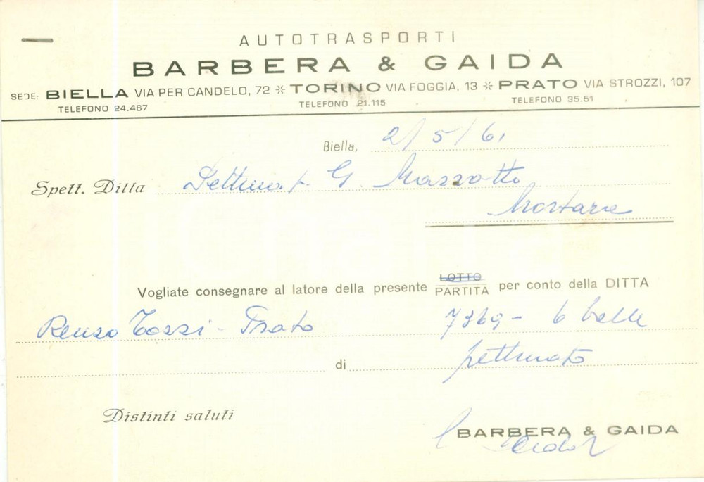 Cartolina originale da collezione 1961 TORINO Autotrasporti BARBERA & GAIDA Cartolina commerciale 1