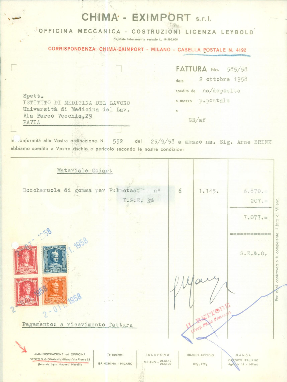 Documento originale, autentico 1958 MILANO Officina Meccanica CHIMA EXIMPORT Licenza LEYBOLD Fattura 1
