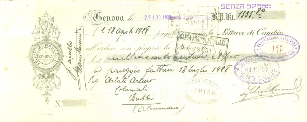 Documento originale, autentico 1928 GENOVA Ditta Felice MORANDO di Ele Cambiale pubblicitaria 1