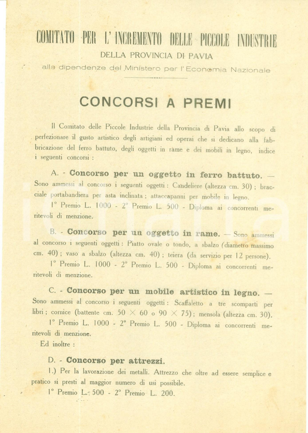 Documento originale, autentico 1926 PAVIA Comitato Incremento Piccole Industrie Concorsi a premi Bando 1
