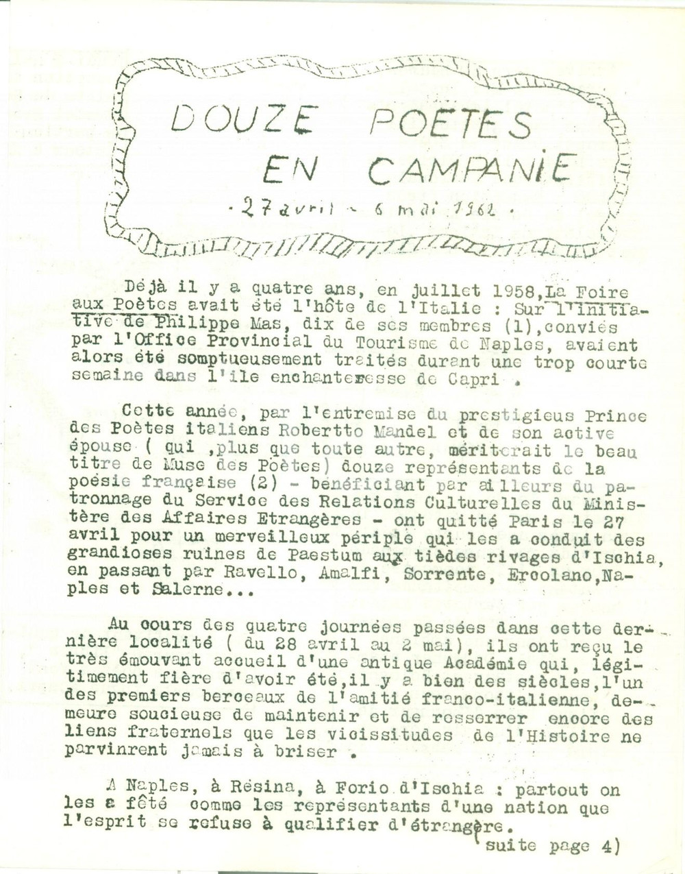 Documento originale, autentico 1962 FOIRE AUX POETES Dodici poeti in CAMPANIA Resoconto ciclostilato con mappa 1