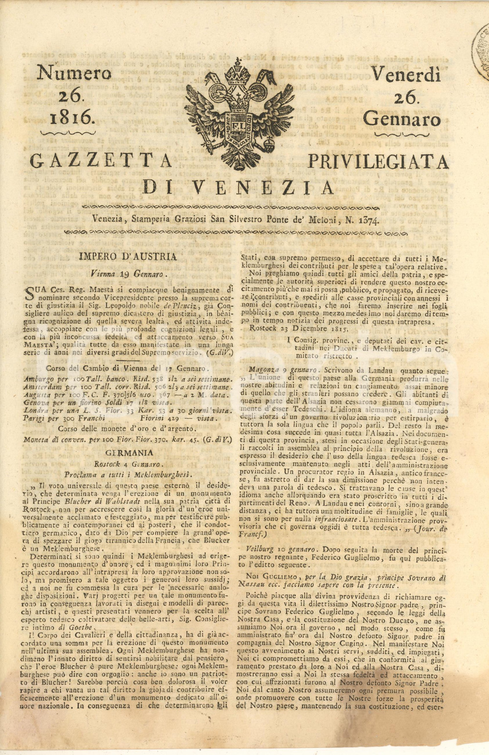 Giornale, rivista storica 1813 GAZZETTA Privilegiata DI VENEZIA - Persecuzione protestanti francesi *n° 26 1