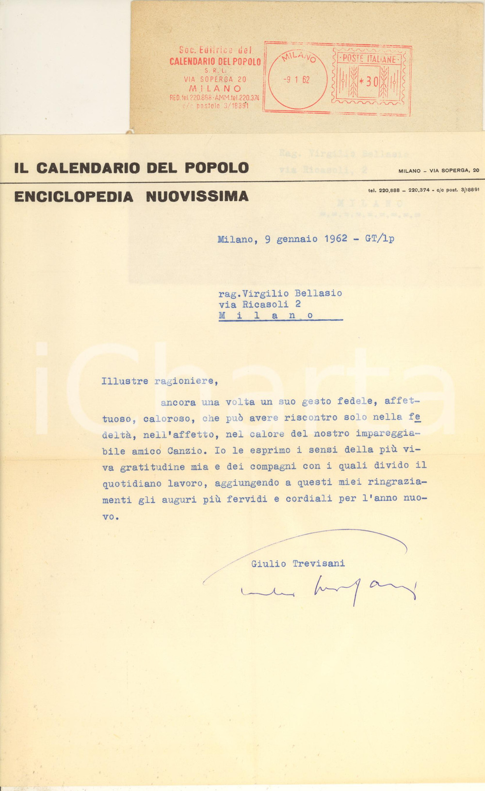 Autografo originale 1962 MILANO Calendario del Popolo - Lettera Giulio TREVISANI *Autografo 1