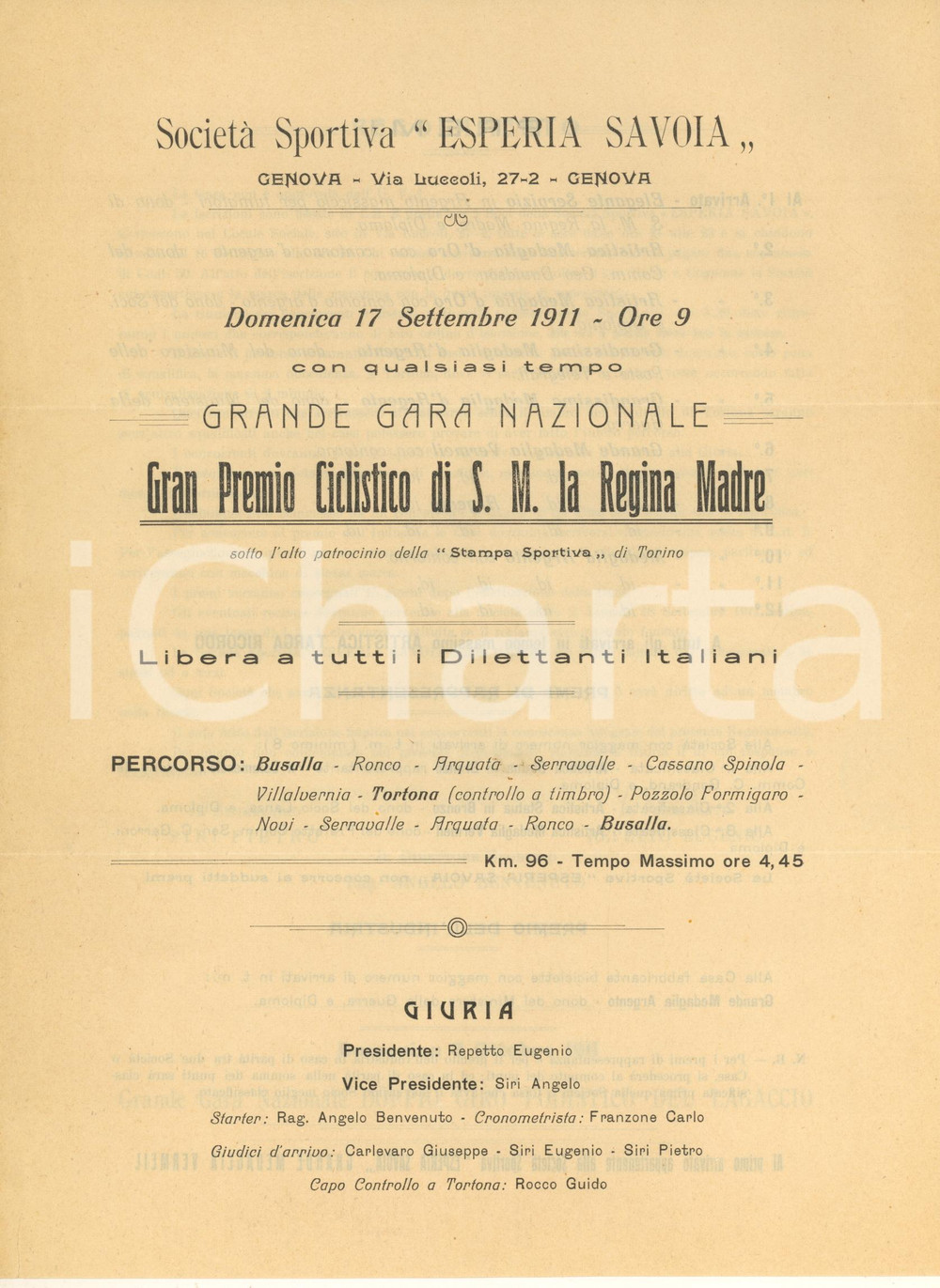Materiale pubblicitario d’epoca 1911 GENOVA Società Sportiva ESPERIA SAVOIA - Gran Premio CICLISMO Regina Madre 1