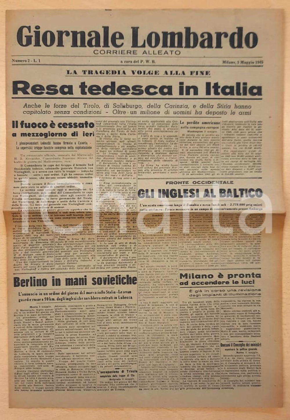 Giornale, rivista storica Maggio 1945 WW2 GIORNALE LOMBARDO Resa tedesca in Italia - Berlino ai sovietici 1