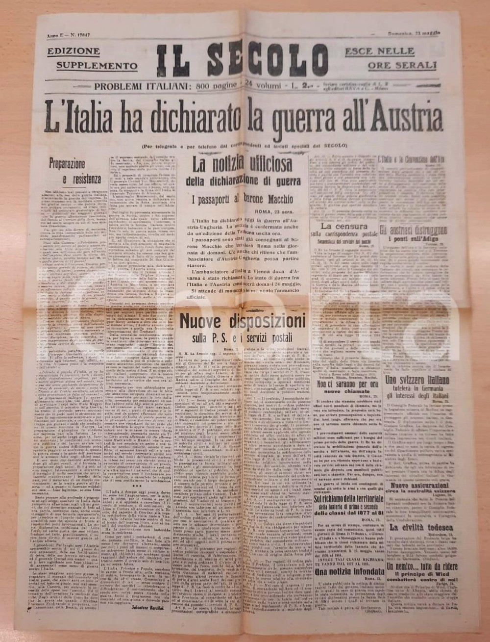 Giornale, rivista storica 1915 WW1 IL SECOLO L'Italia ha dichiarato la guerra all'Austria *Giornale 1