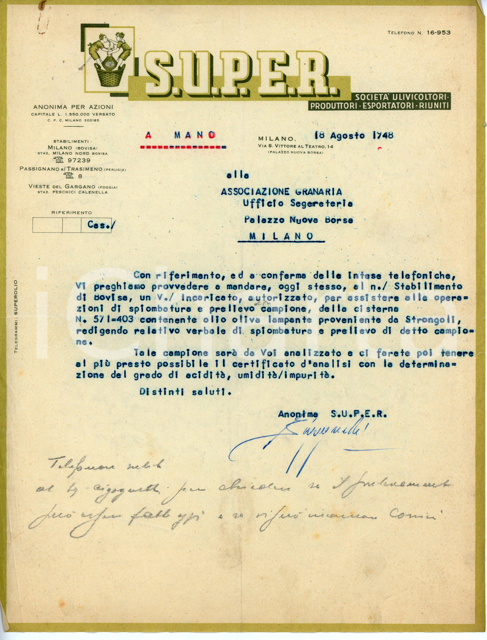 Documento originale, autentico 1948 MILANO BOVISA Ulivicoltori SUPER Lettera per spiombatura olio di STRONGOLI 1