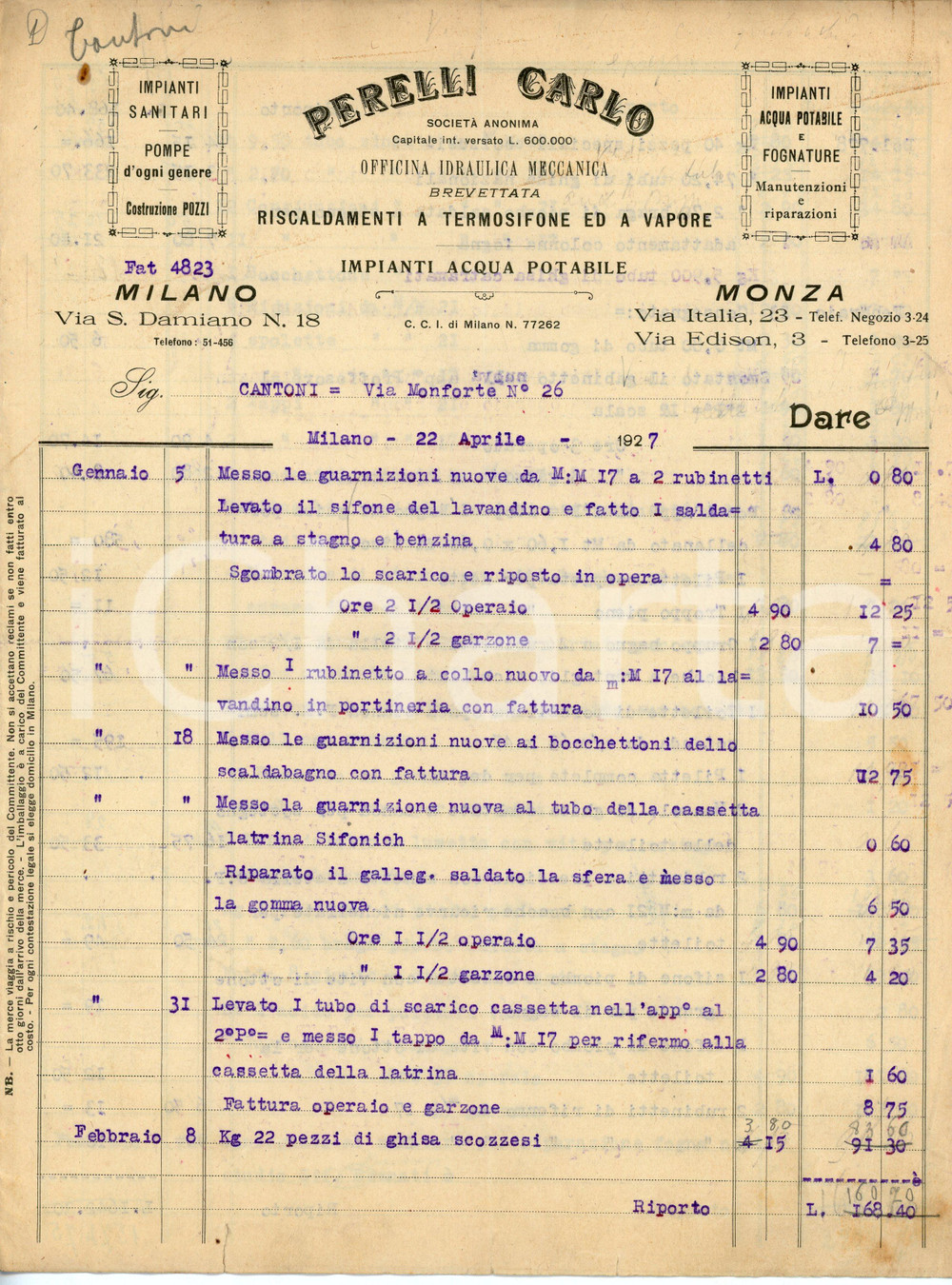 Documento originale, autentico 1927 MONZA Idraulico Carlo PERELLI Fattura appartamento Via Monforte 26 MILANO 1