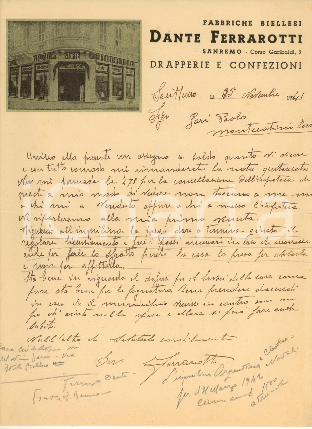 Manoscritto, lettera originale 1941 SANREMO Fabbriche biellesi Dante FERRAROTTI Drapperie - Lettera commerciale 1