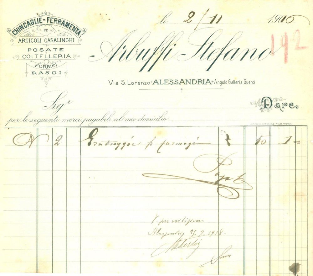 Documento originale, autentico 1916 ALESSANDRIA Stefano ARBUFFI Chincaglie ferramenta posate Documento 1