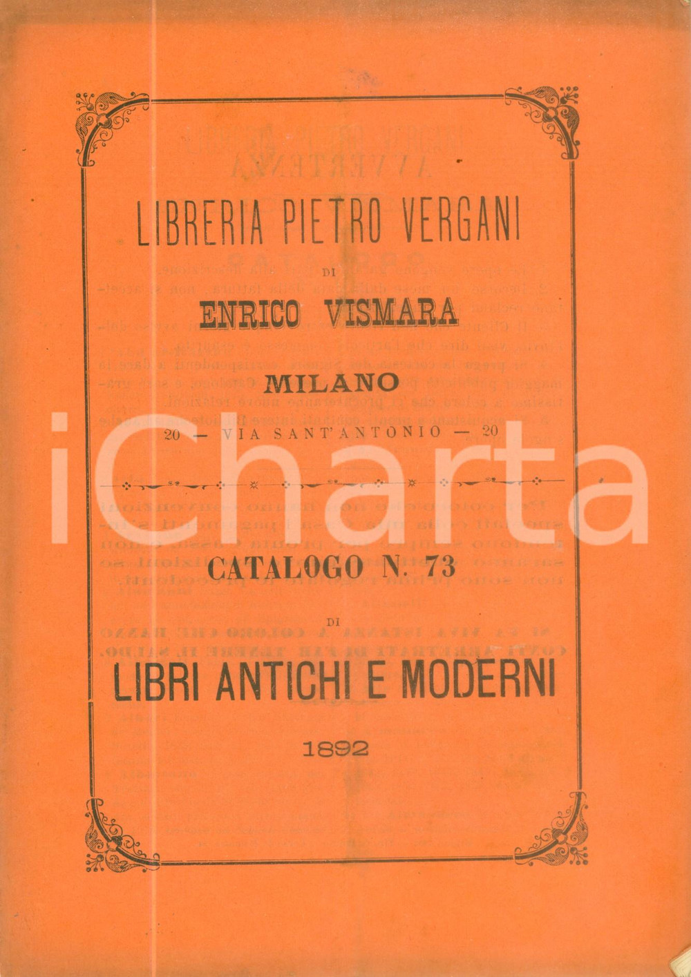 Libro, pubblicazione d epoca 1892 TORINO Libreria Pietro VERGANI Catalogo 73 Libri antichi e moderni 1