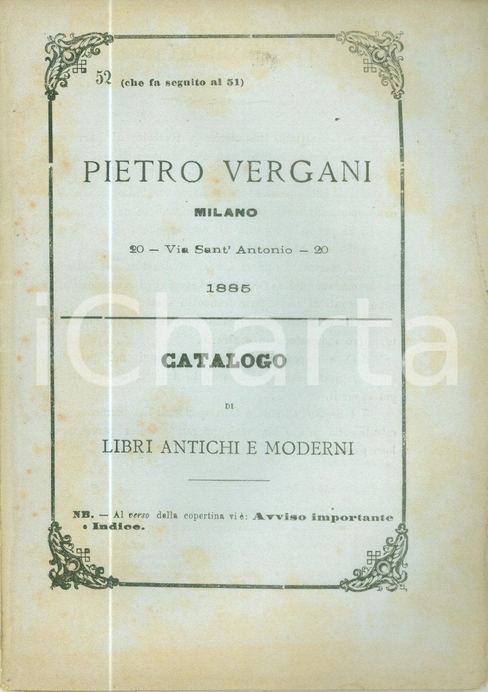 Libro, pubblicazione d epoca 1885 TORINO Libreria Pietro VERGANI Catalogo 52 Libri antichi e moderni 1