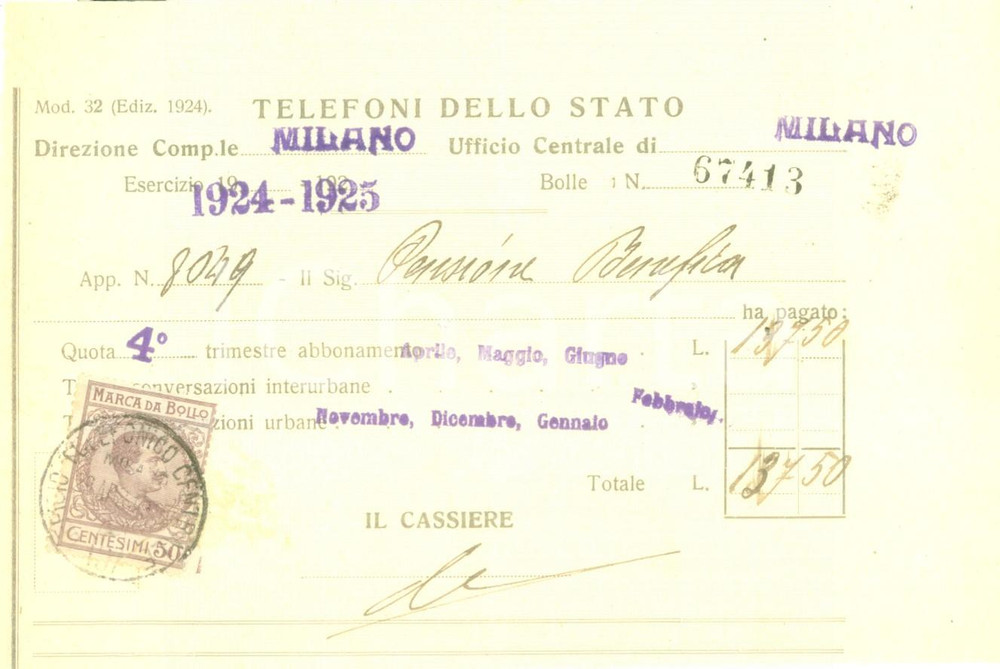 Documento originale, autentico 1925 MILANO Telefoni dello Stato Bolletta telefonica apparecchio 8049 1