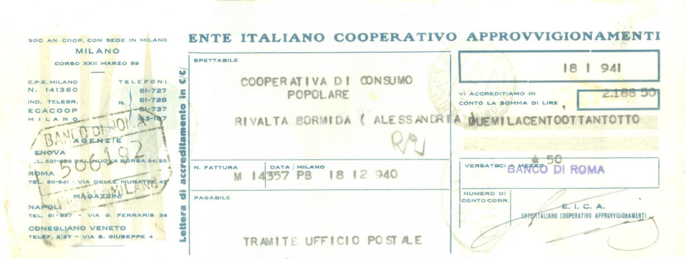 Documento originale, autentico 1941 NAPOLI Ente Italiano Cooperativo Approvvigionamenti Lettera di credito 1