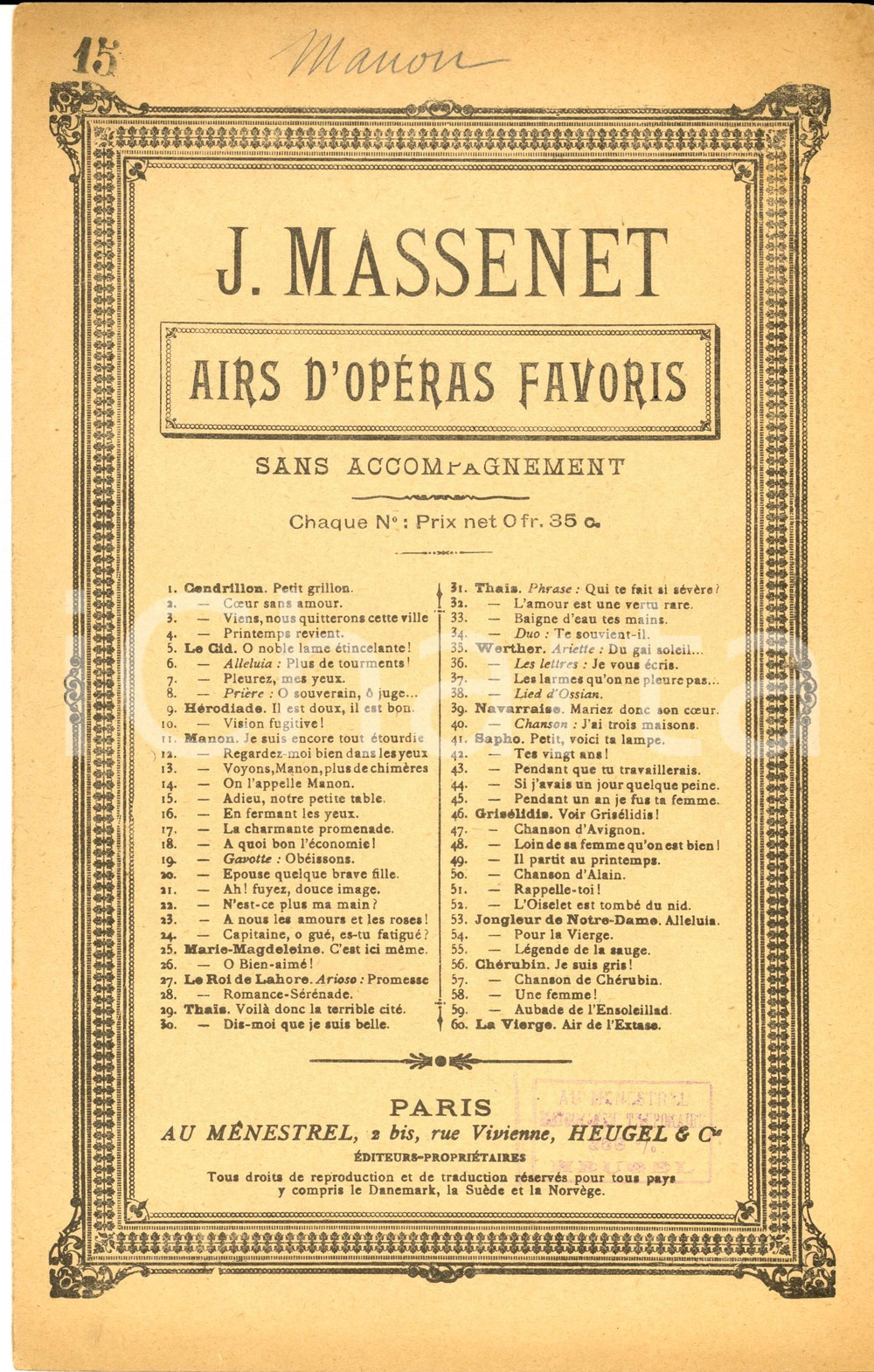 Oggetto da collezione cartaceo 1920 ca Jules MASSENET MANON Adieux de MANON Spartito ed. AU MENESTREL 1