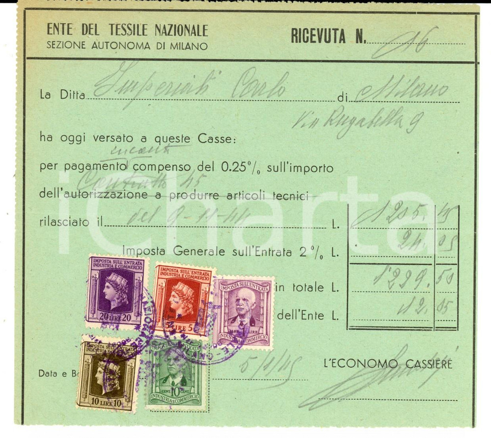 Documento originale, autentico 1945 MILANO RSI Ente TESSILE Nazionale  Ricevuta ditta Carlo IMPERIALI Bolli 1