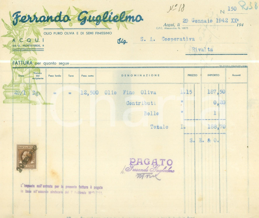 Documento originale, autentico 1942 ACQUI TERME AL Guglielmo FERRANDO Olio puro oliva e di semi Fattura 1