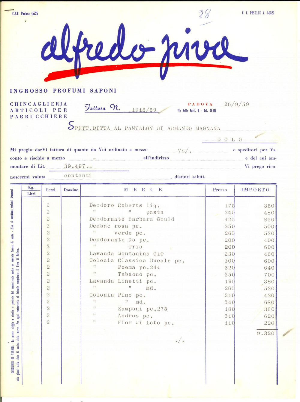 Documento originale, autentico 1959 PADOVA Alfredo PIVA ingrosso profumi saponi Fattura commerciale 1
