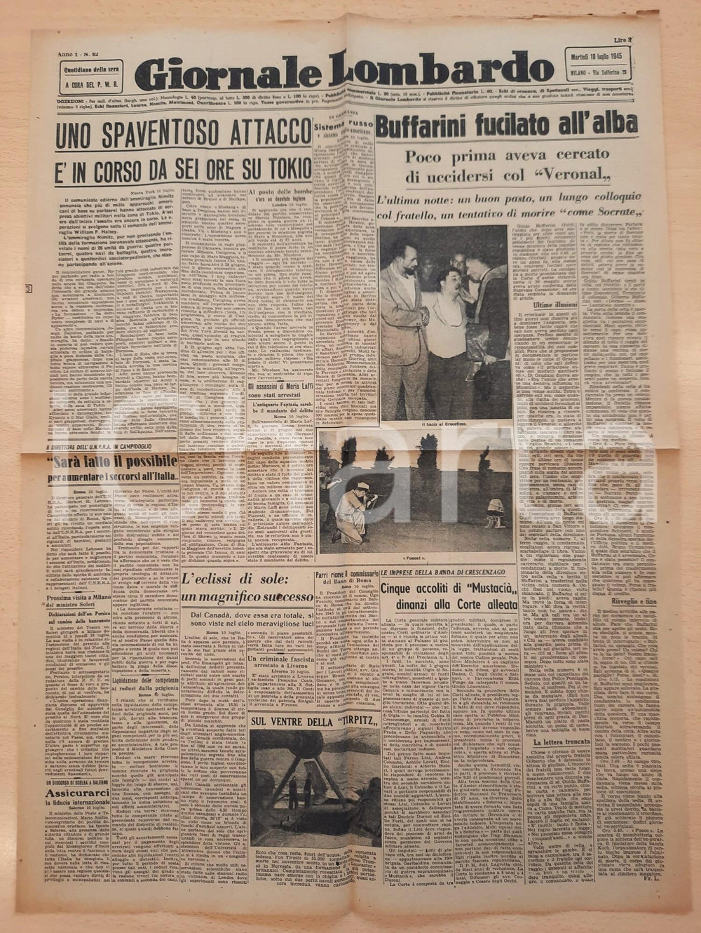 Giornale, rivista storica Luglio 1945 WW2 GIORNALE LOMBARDO Guido Buffarini fucilato - Attacco a Tokyo 1