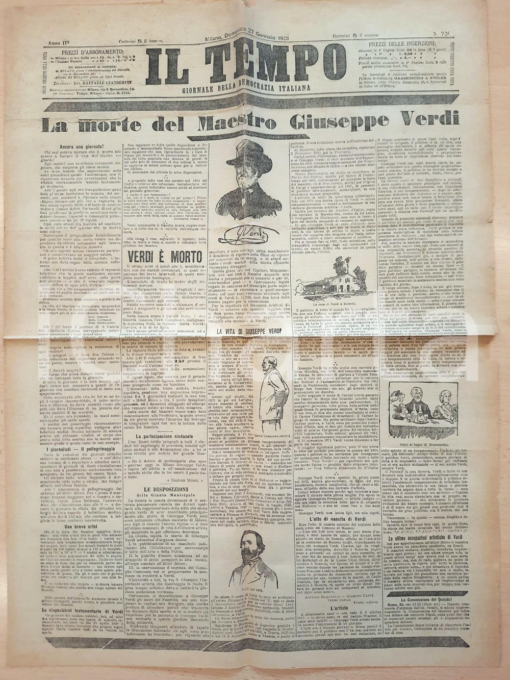 Giornale, rivista storica 1901 IL TEMPO La morte del Maestro Giuseppe VERDI - Giornale 1