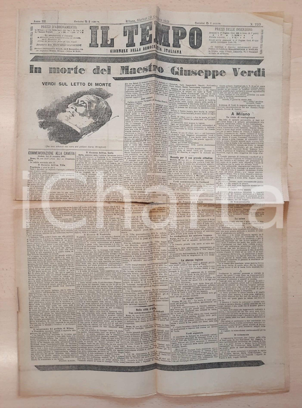 Giornale, rivista storica 1901 IL TEMPO In morte del Maestro Giuseppe VERDI - Giornale DANNEGGIATO 1