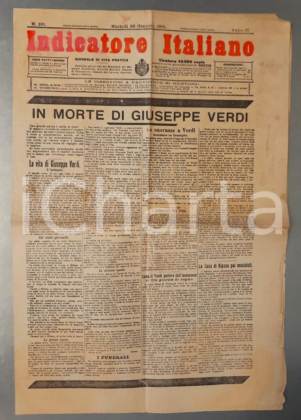 Giornale, rivista storica 1901 INDICATORE ITALIANO - In morte di Giuseppe Verdi *Giornale RARO 1