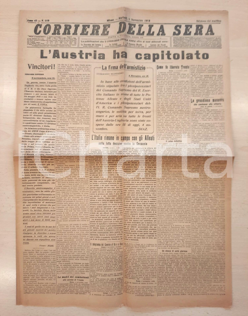 Giornale, rivista storica 1918 WW1 CORRIERE DELLA SERA L'Austria ha capitolato - Armistizio *Giornale 1