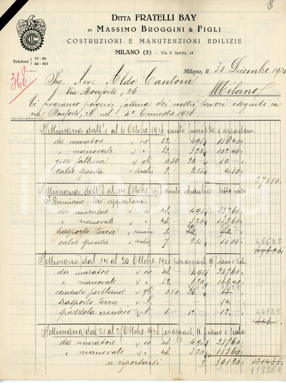Documento originale, autentico 1928 MILANO Fratelli BAY Impresa edile - Fattura appartamento Via Monforte 26 1