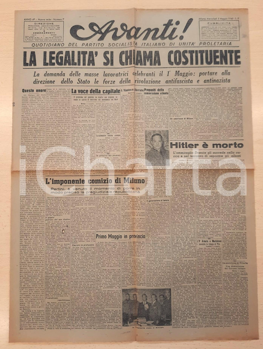 Giornale, rivista storica 1945 AVANTI! Hitler è morto - La legalità si chiama Costituente *Giornale 1
