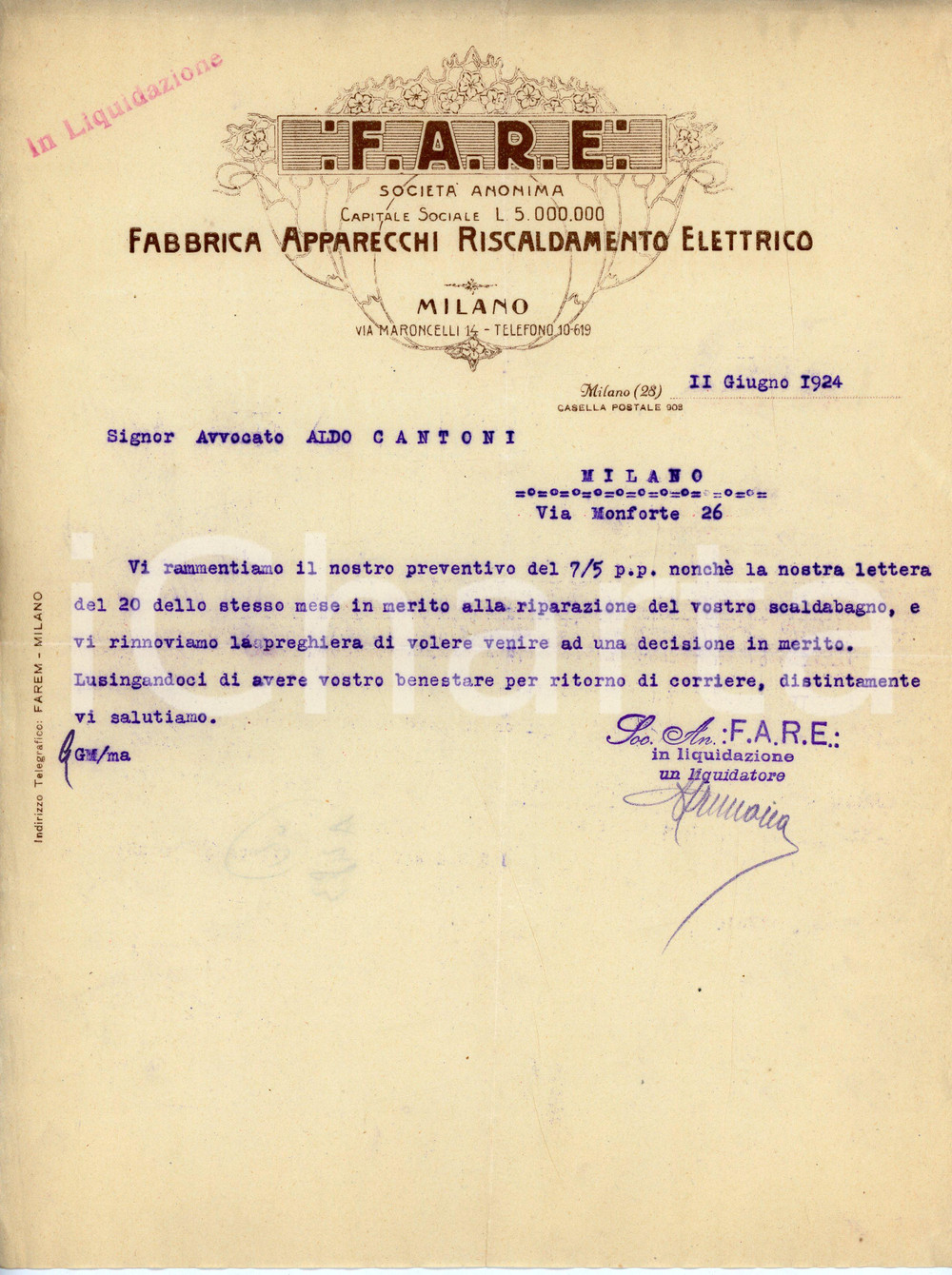 Documento originale, autentico 1924 MILANO - FARE Fabbrica Apparecchi Riscaldamento Elettrico - Lettera 1