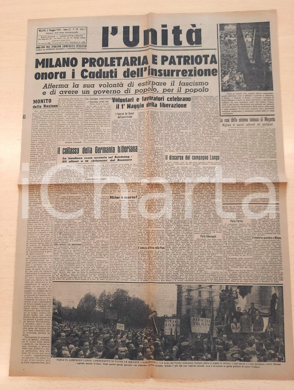 Giornale, rivista storica 2 Maggio 1945 L'UNITA' Milano onora i Caduti - Collasso della Germania 1