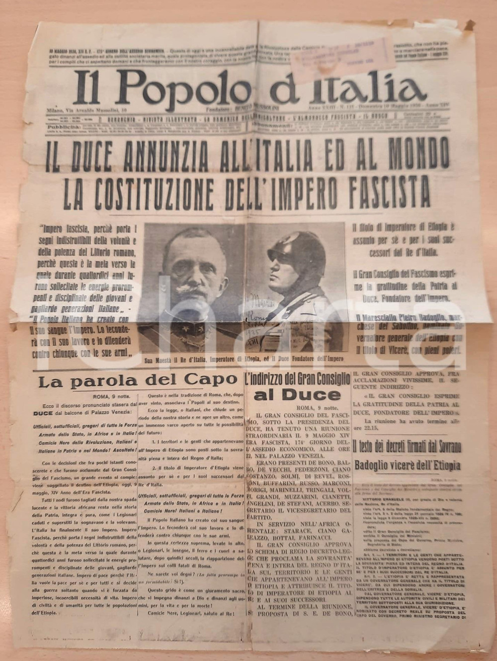 Giornale, rivista storica 1936 IL POPOLO D'ITALIA Il Duce annuncia la costituzione dell'impero fascista 1
