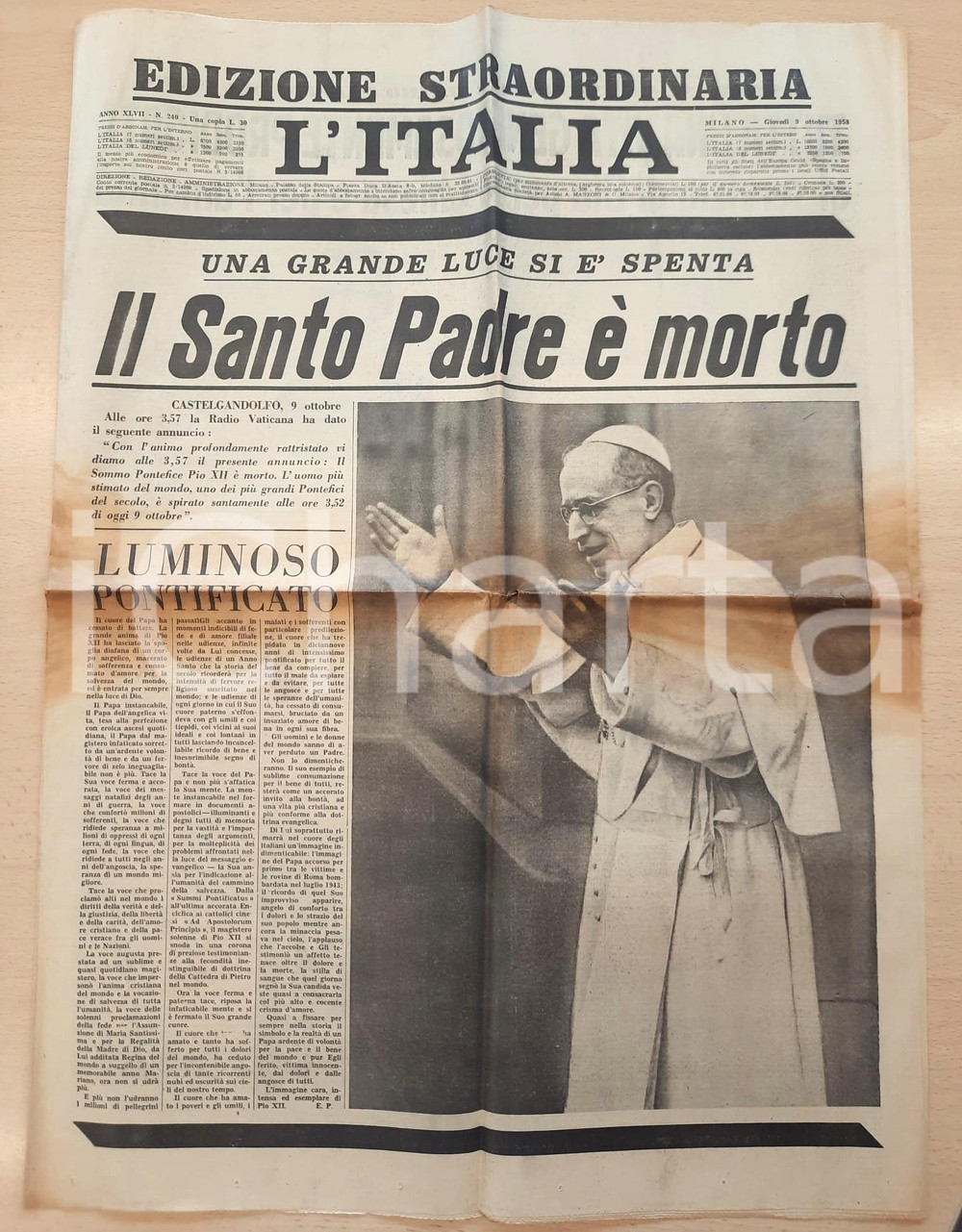 Giornale, rivista storica 9 Ottobre 1958 L'ITALIA Morte di papa Pio XII *Giornale - Edizione straordinaria 1