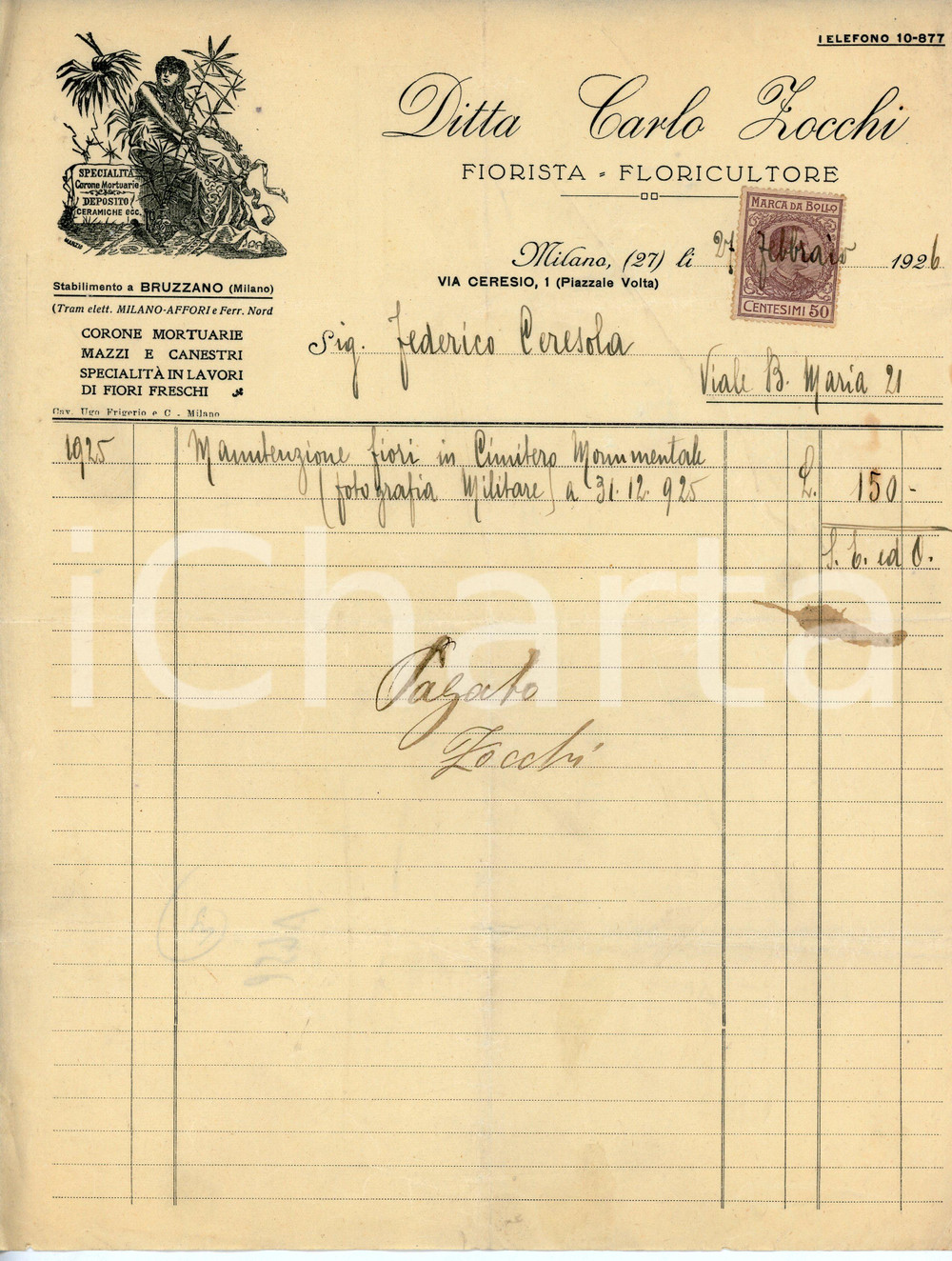 Documento originale, autentico 1926 MILANO Fiorista Carlo ZOCCHI Fattura manutenzione al CIMITERO MONUMENTALE 1