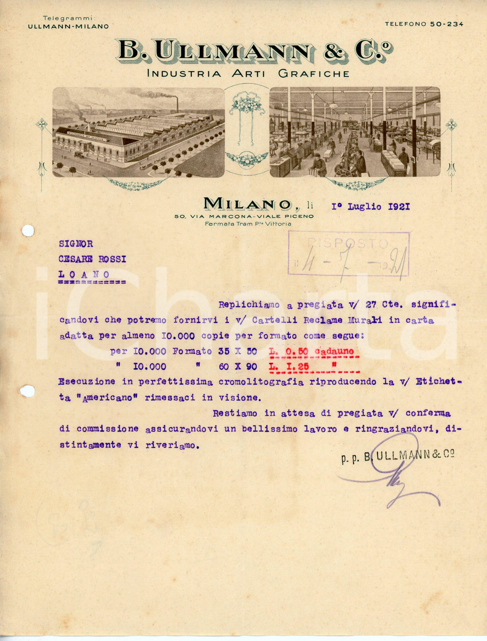 Documento originale, autentico 1921 MILANO Arti grafiche B. ULLMANN Preventivo a Cesare ROSSI di LOANO 1