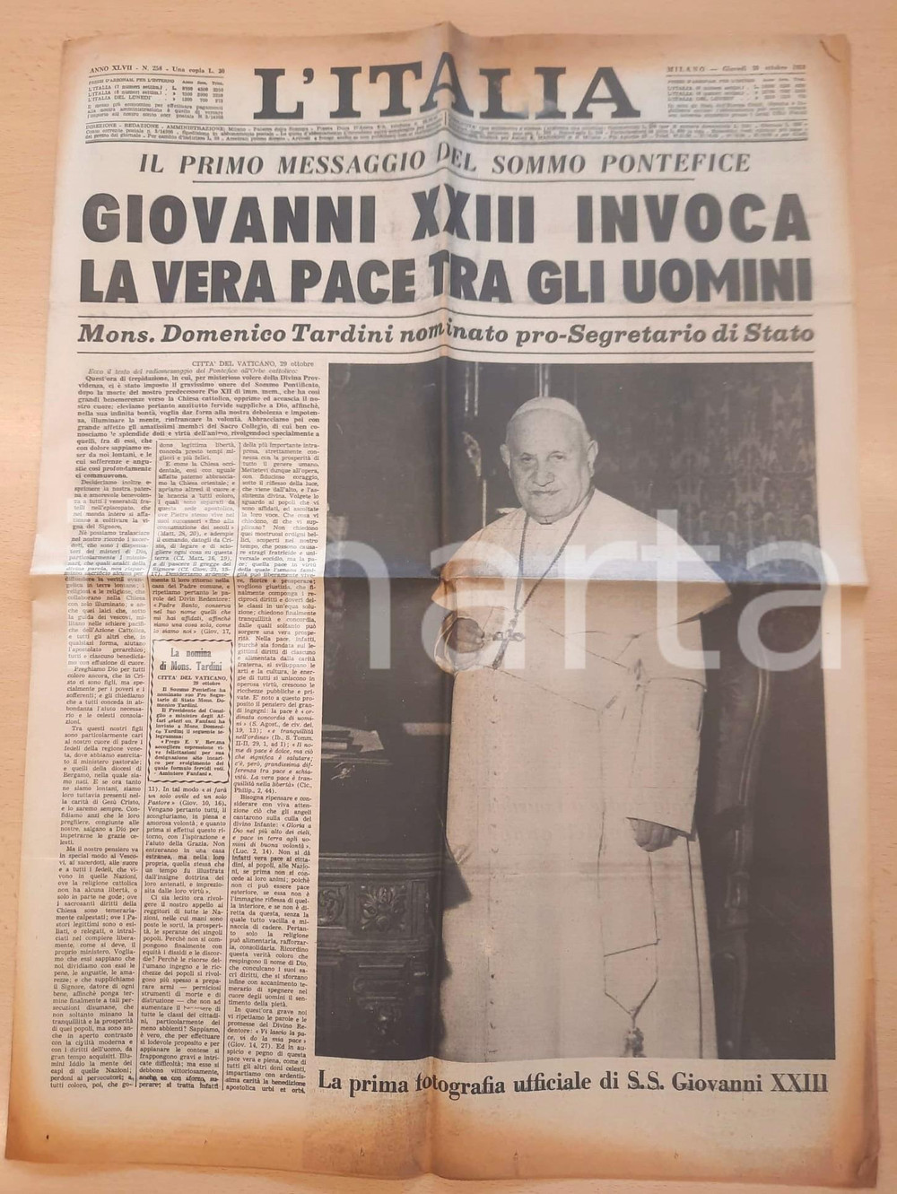 Giornale, rivista storica 1958 L'ITALIA Primo messaggio di papa Giovanni XXIII - Vera pace tra gli uomini 1